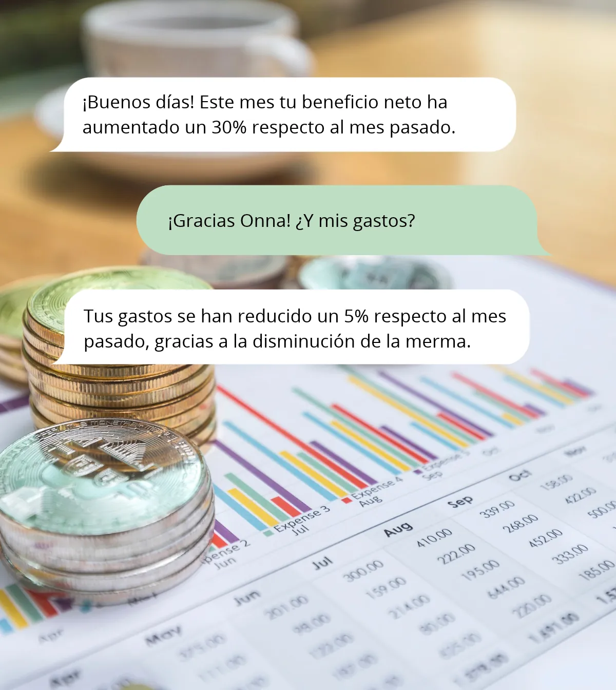 Conversación de WhatsApp con Onna informando del beneficio neto y la reducción de gastos del mes, sobre monedas y un gráfico de gastos
